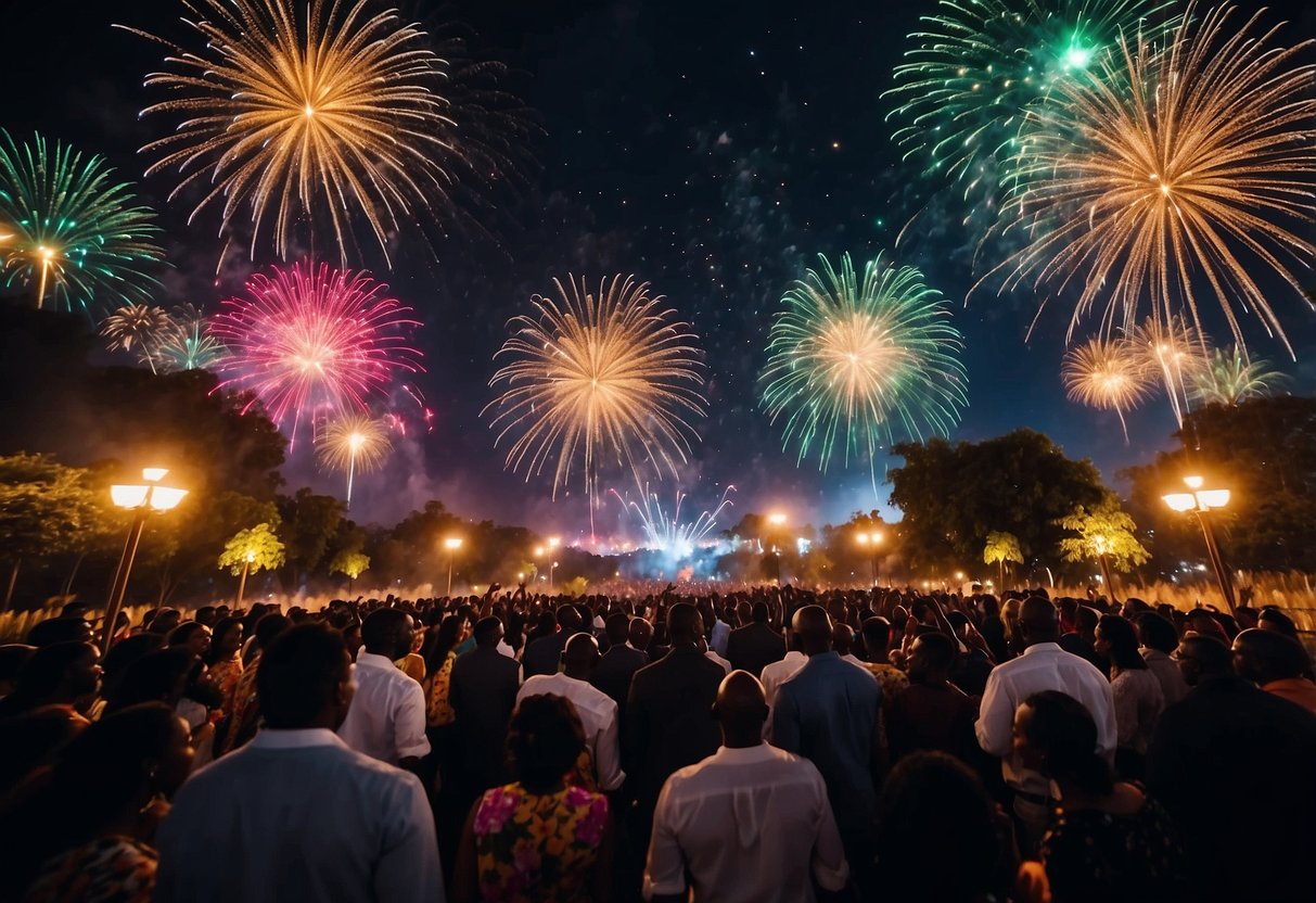 Colorful fireworks burst in the night sky, illuminating the surroundings with vibrant hues and patterns, creating a spectacular display for a Nigerian wedding celebration