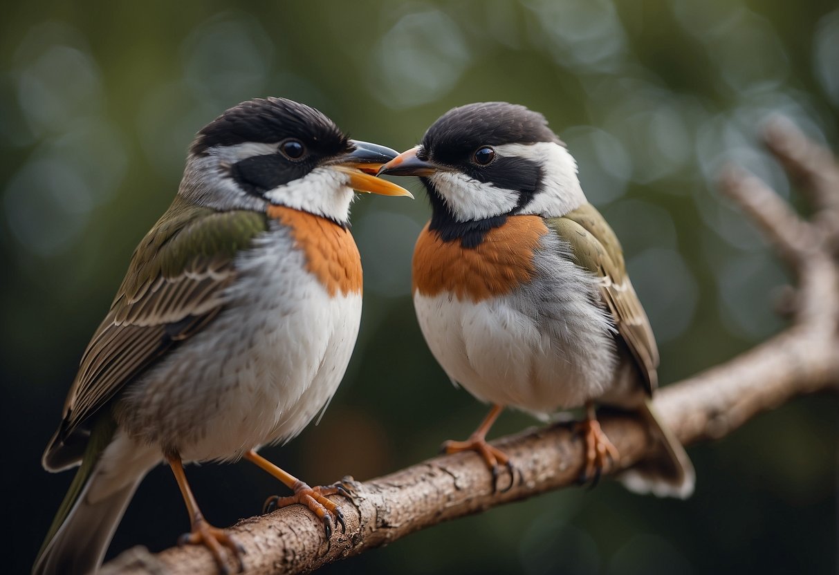 Two birds touching beaks in a gentle, affectionate manner