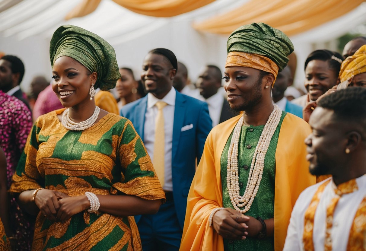 Vibrant traditional Nigerian fabrics and modern fashion at a lively wedding celebration