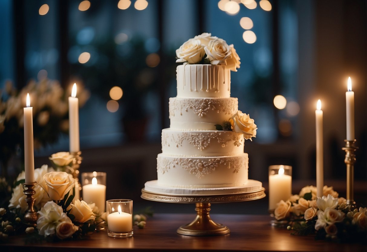 A tiered wedding cake adorned with elegant calligraphy writing, surrounded by floral decorations and soft candlelight