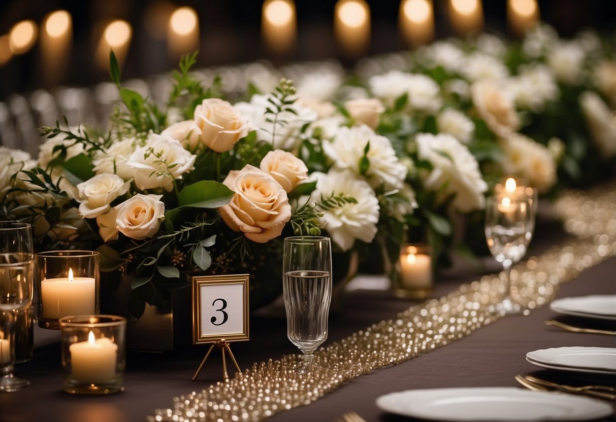 Guests' names on elegant place cards arranged by table numbers on a decorative board, surrounded by floral arrangements and twinkling lights