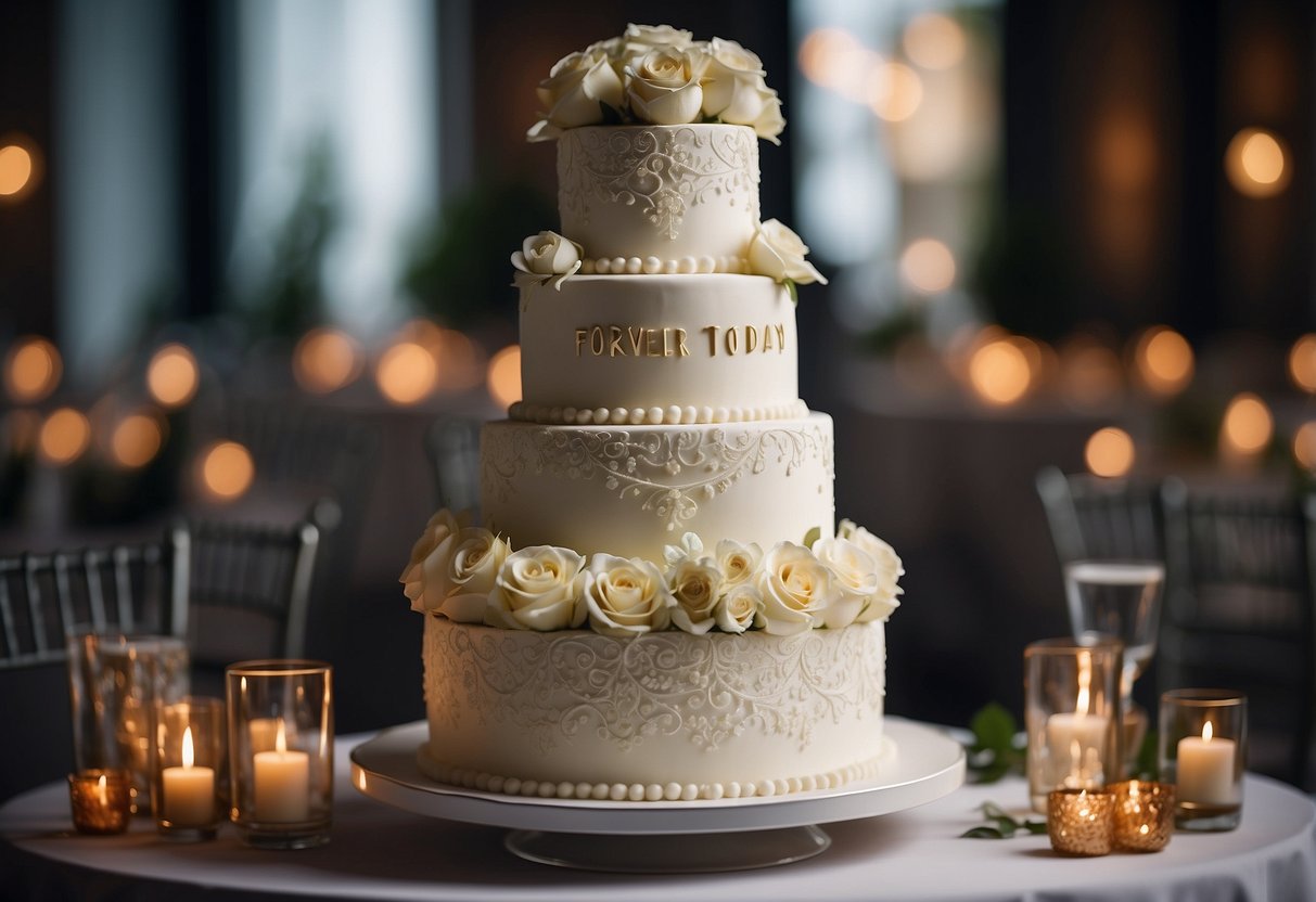 A tiered wedding cake with "Forever starts today" written in elegant calligraphy on the top layer. Floral decorations cascade down the sides