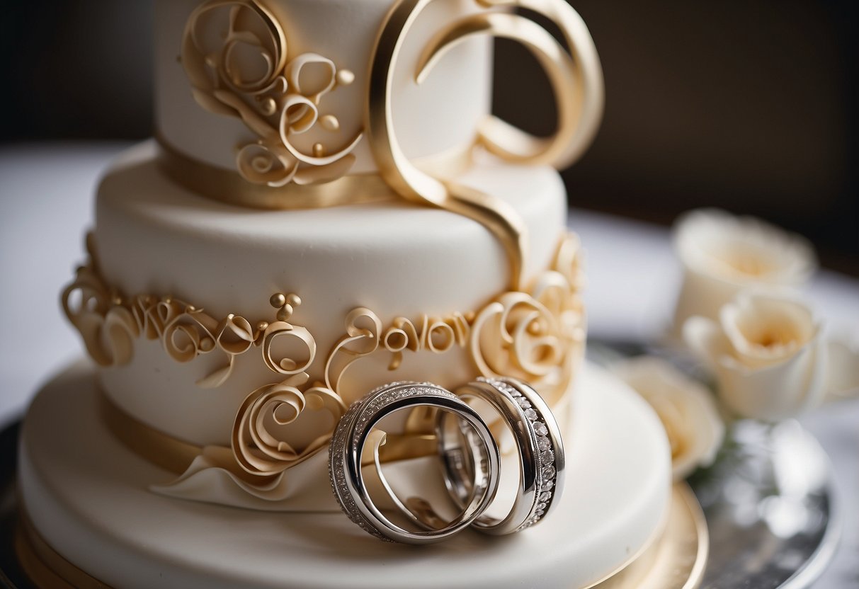 A wedding cake with intertwined rings and the words "Two become one" in elegant script