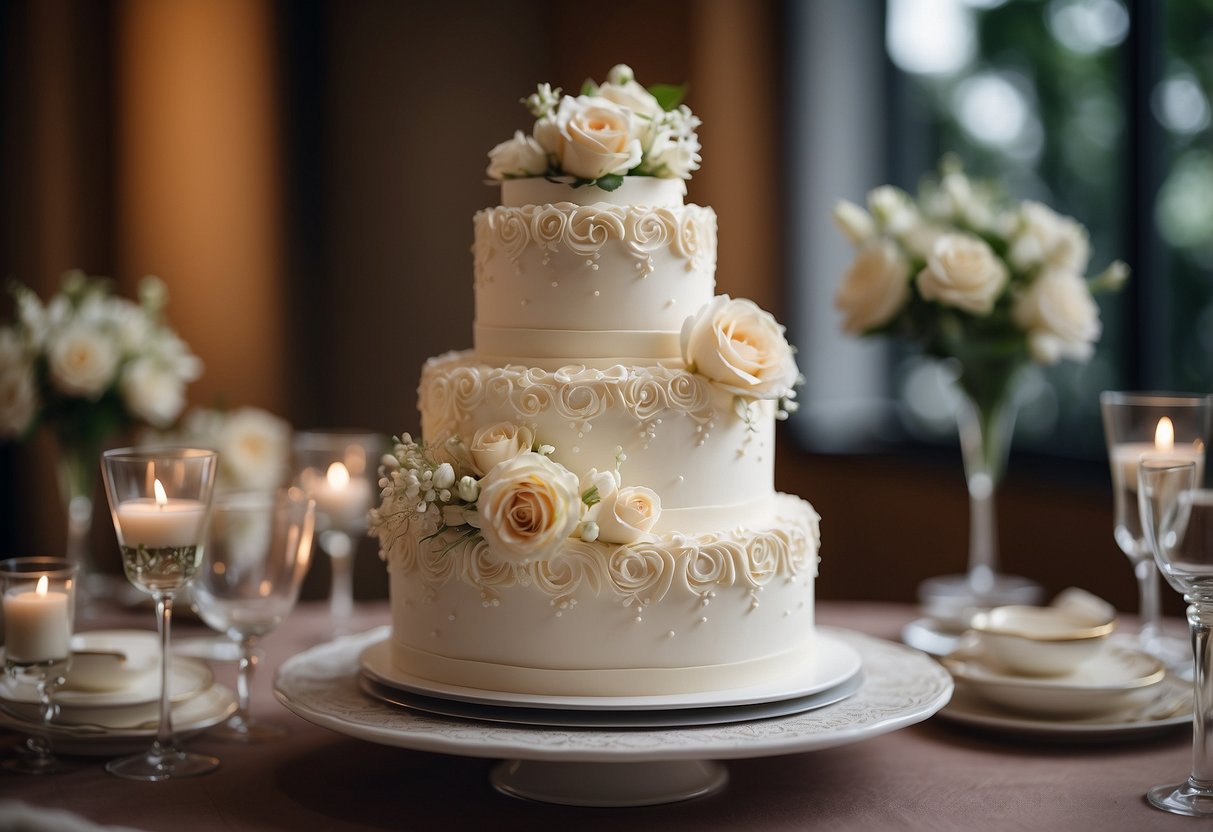 A tiered wedding cake with "Love is sweet" written in elegant script, adorned with delicate flowers and intricate icing designs