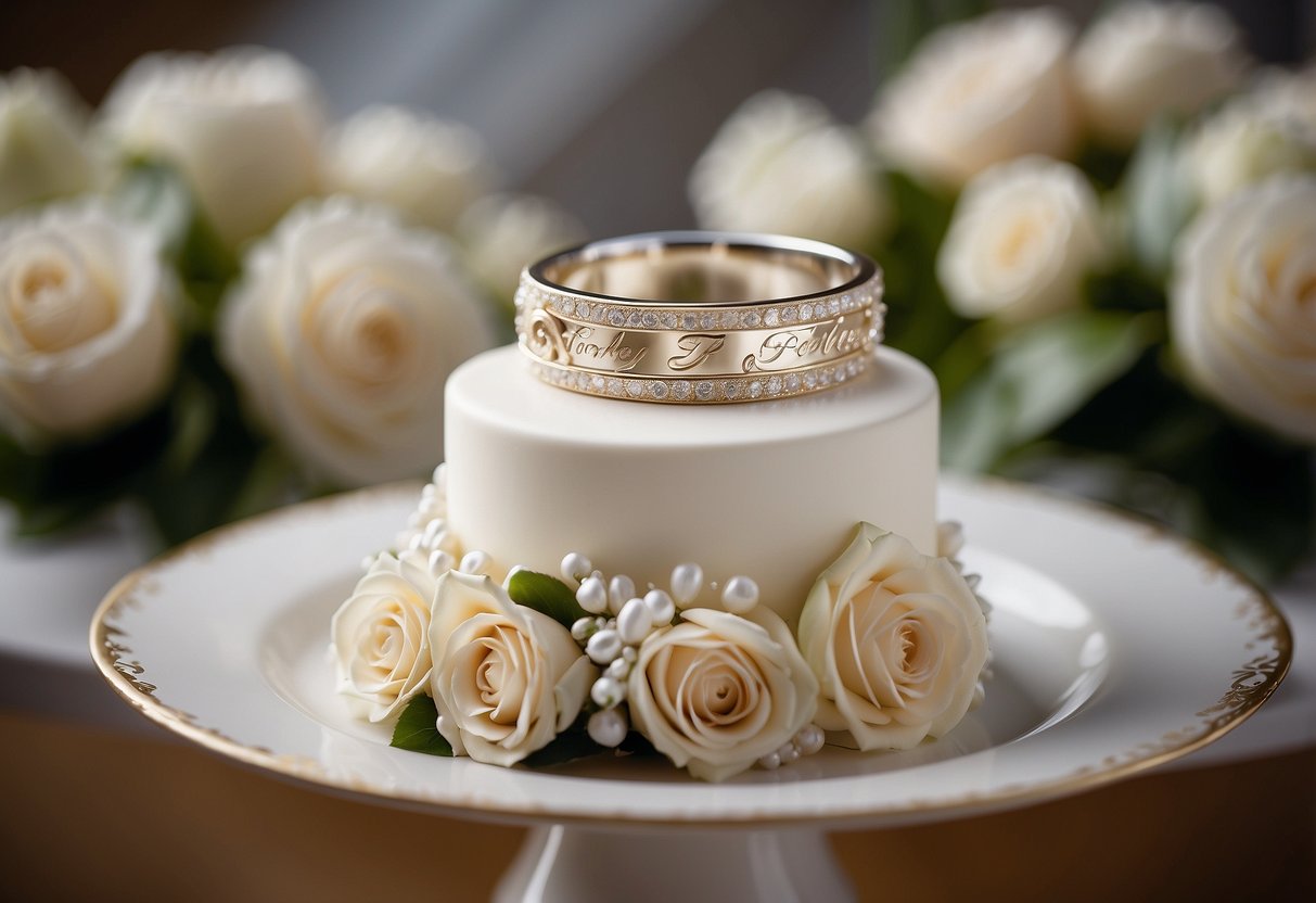 A wedding cake with "Together forever" written in elegant script, surrounded by delicate floral decorations and topped with a pair of intertwined rings