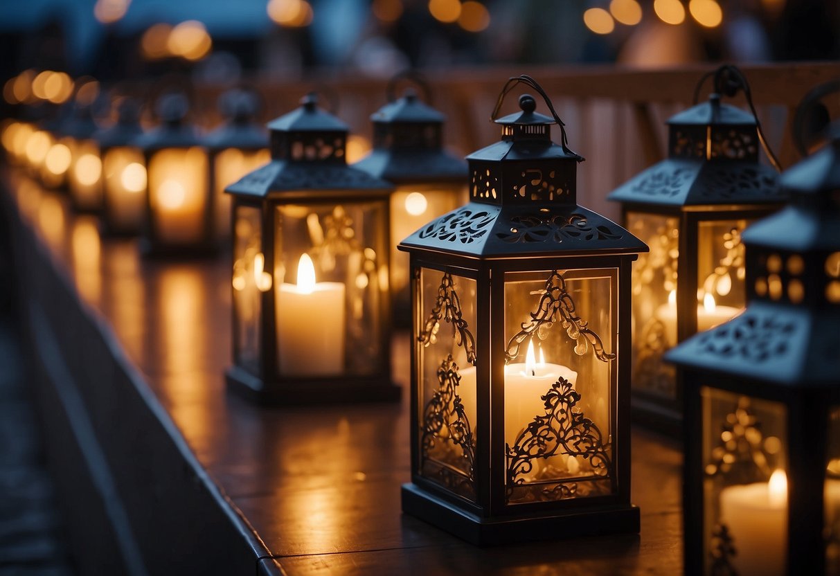 Candle-filled lanterns float along a wedding aisle, casting a warm glow