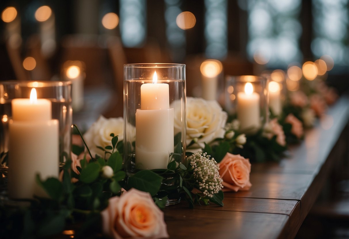 Hurricane candles with flower accents line the wedding aisle, creating a romantic and elegant atmosphere