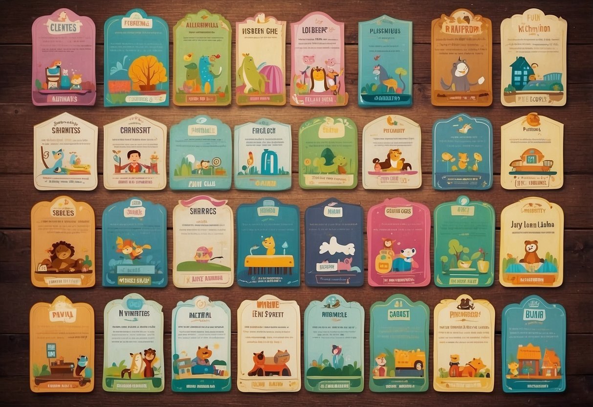 A colorful, whimsical seating chart with playful fonts and illustrations. Each table is labeled with fun, kid-friendly themes like animals, superheroes, and princesses