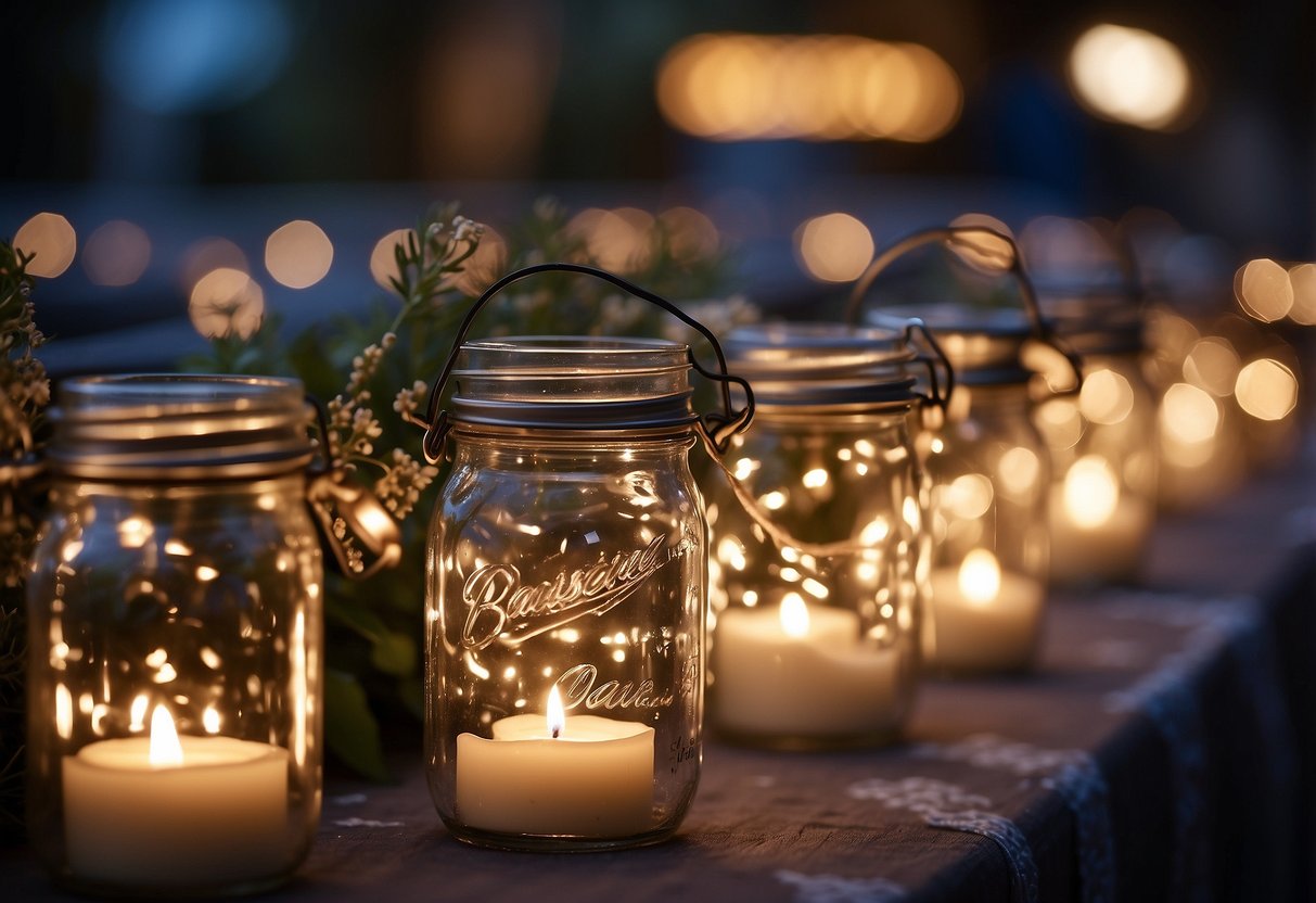 Mason jar candles glow with fairy lights along a wedding aisle