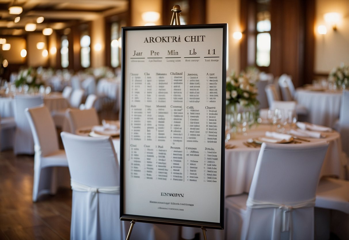 Guests' names neatly arranged on a seating chart. Tables labeled with numbers. A calm, organized atmosphere with no last-minute changes