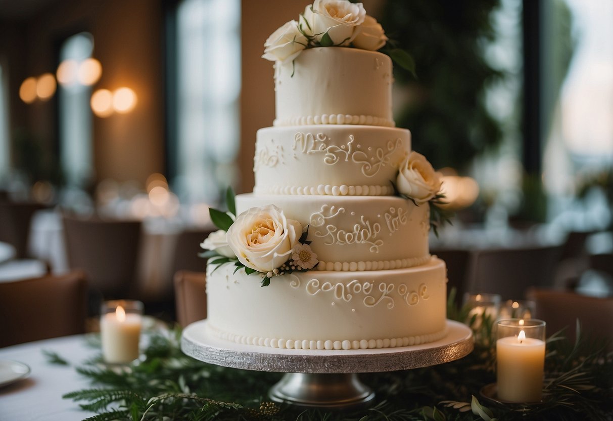 A tiered wedding cake with "The best is yet to come" written in elegant script on the top layer