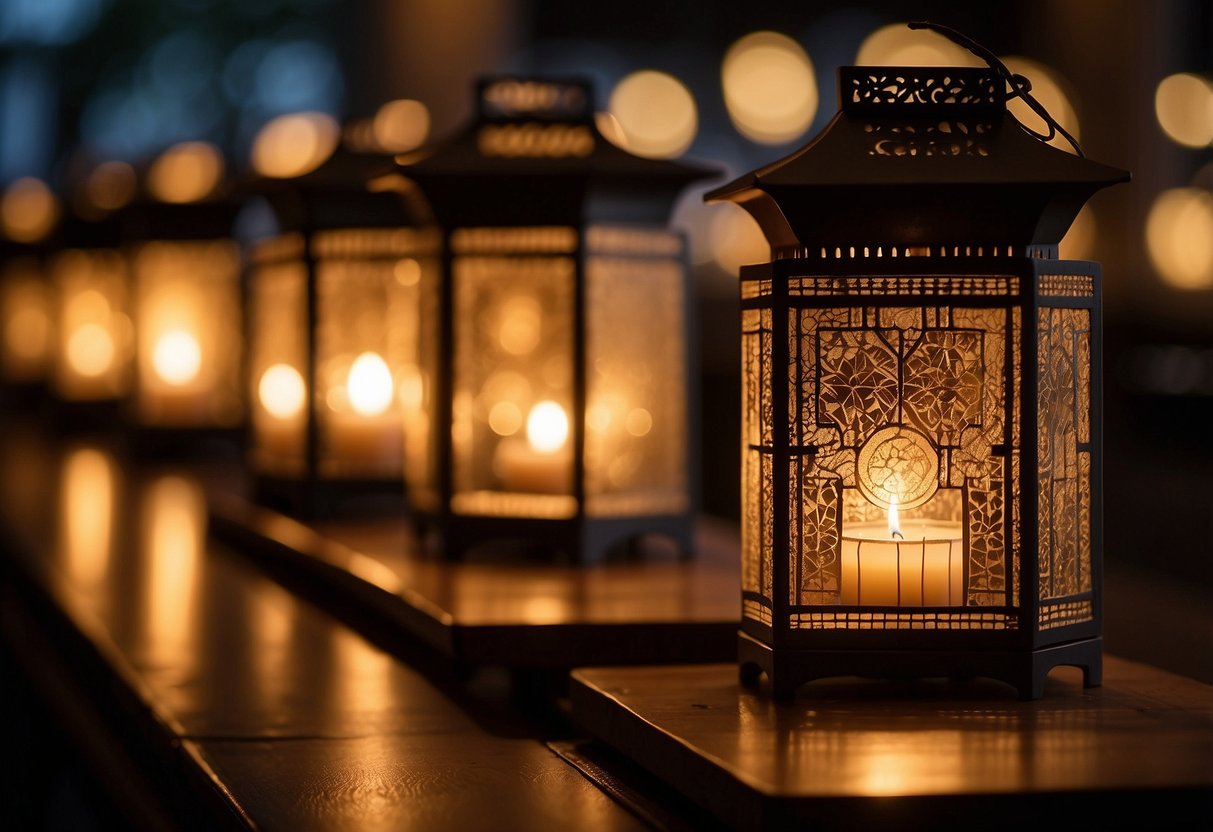 Several geometric candle lanterns line the wedding aisle, casting a warm glow and creating a romantic atmosphere