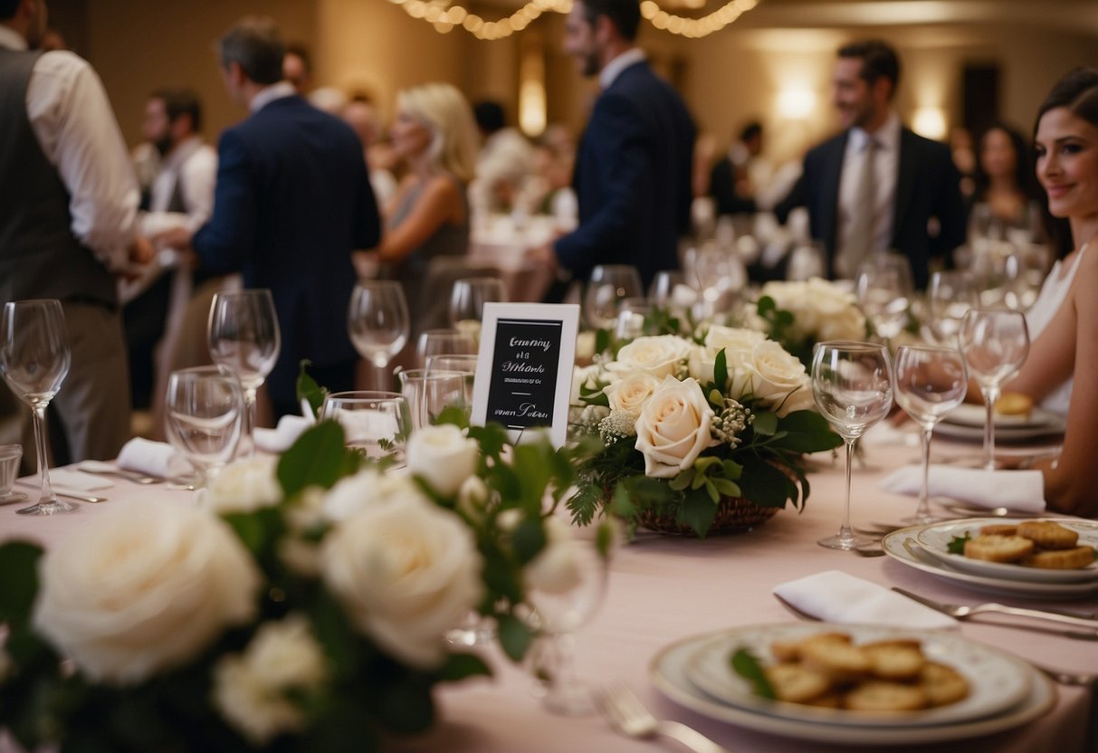 Guests mingle and chat at a wedding reception. Tables are arranged in a strategic seating plan, with name cards indicating assigned seats. A mix of excitement and anticipation fills the air