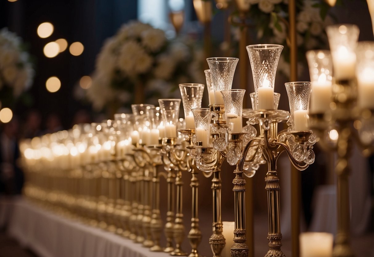 A row of vintage candelabras with taper candles lines the wedding aisle, creating a romantic and elegant atmosphere