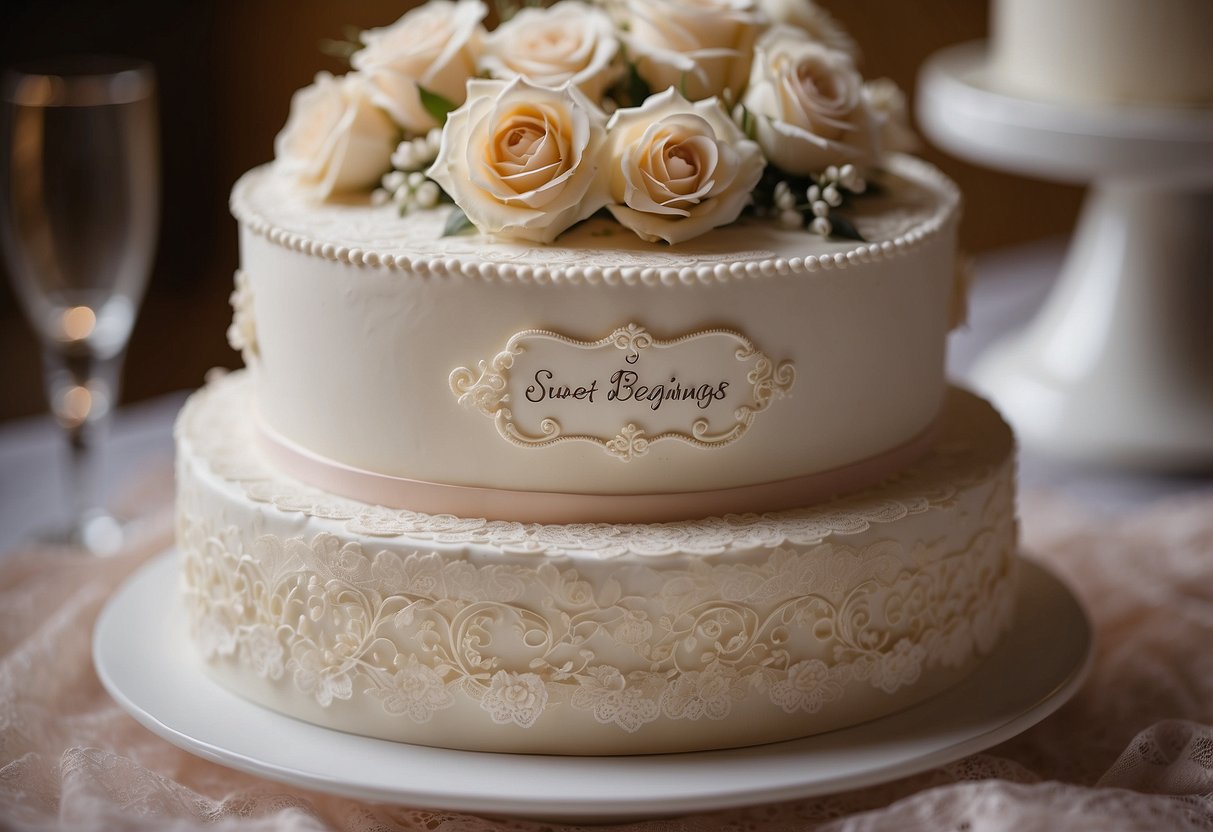 A multi-tiered wedding cake adorned with delicate flowers and intricate lace designs, topped with a shimmering "Sweet Beginnings" inscription