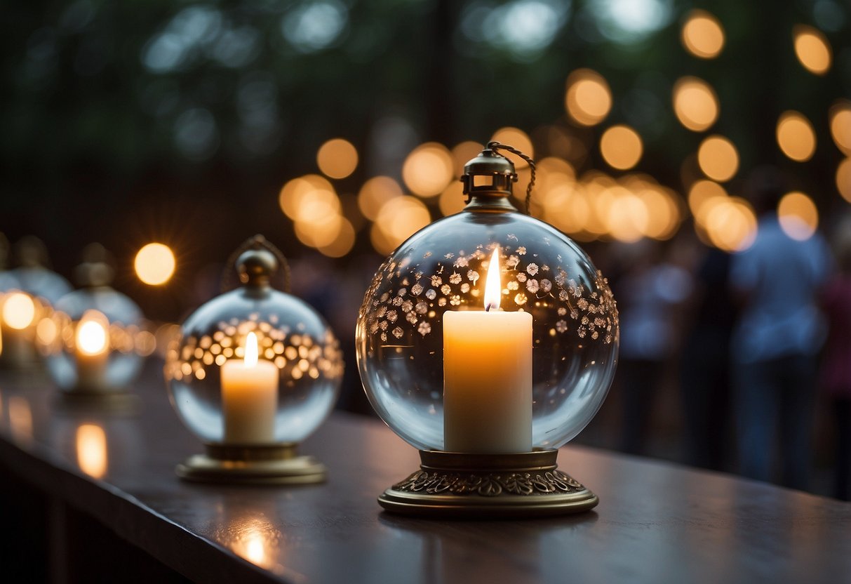 Glass orb candles hang along wedding aisle, casting warm light. Unique and romantic candle ideas for a magical ceremony ambiance