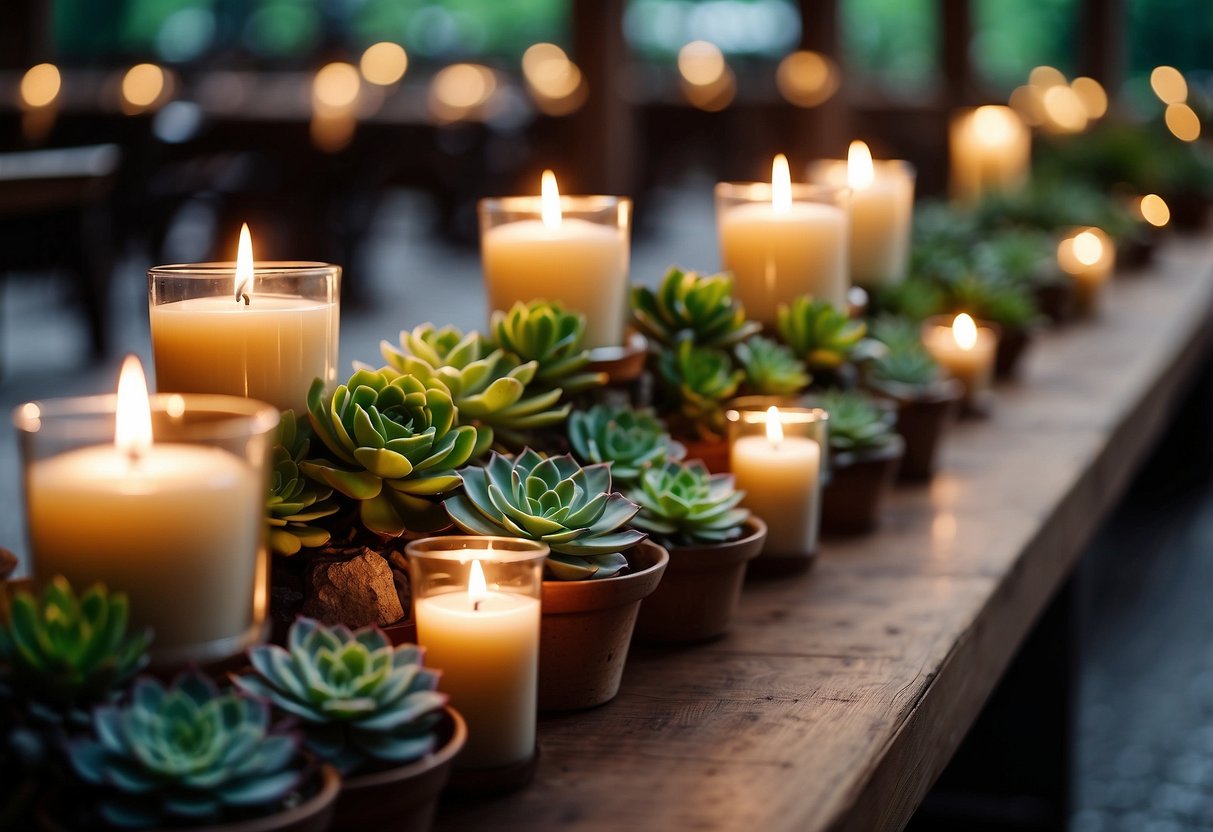 Votive candles adorned with succulents line the wedding aisle, creating a natural and elegant atmosphere