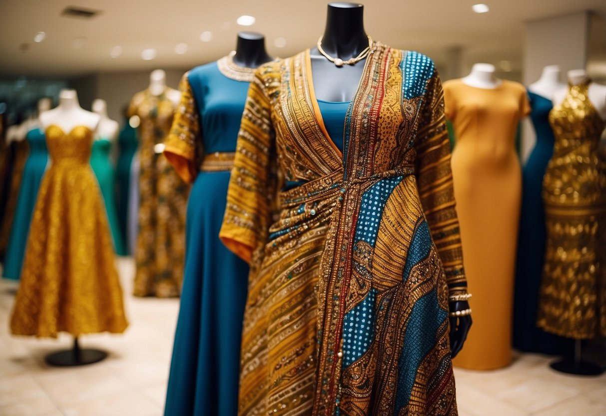 Vibrant African fabrics draped over mannequins, displaying traditional wedding guest attire. Rich colors, intricate patterns, and elegant designs capture the essence of the celebration