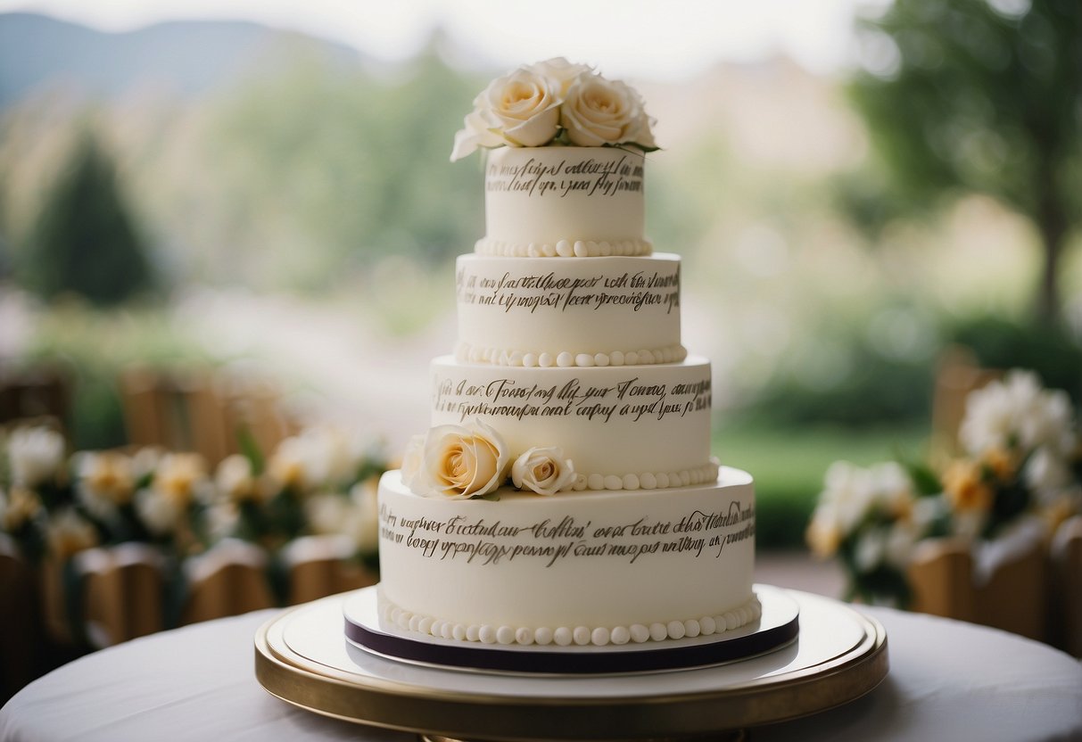 A tiered wedding cake with elegant calligraphy displaying common wedding messages like "happily ever after" and "forever love."