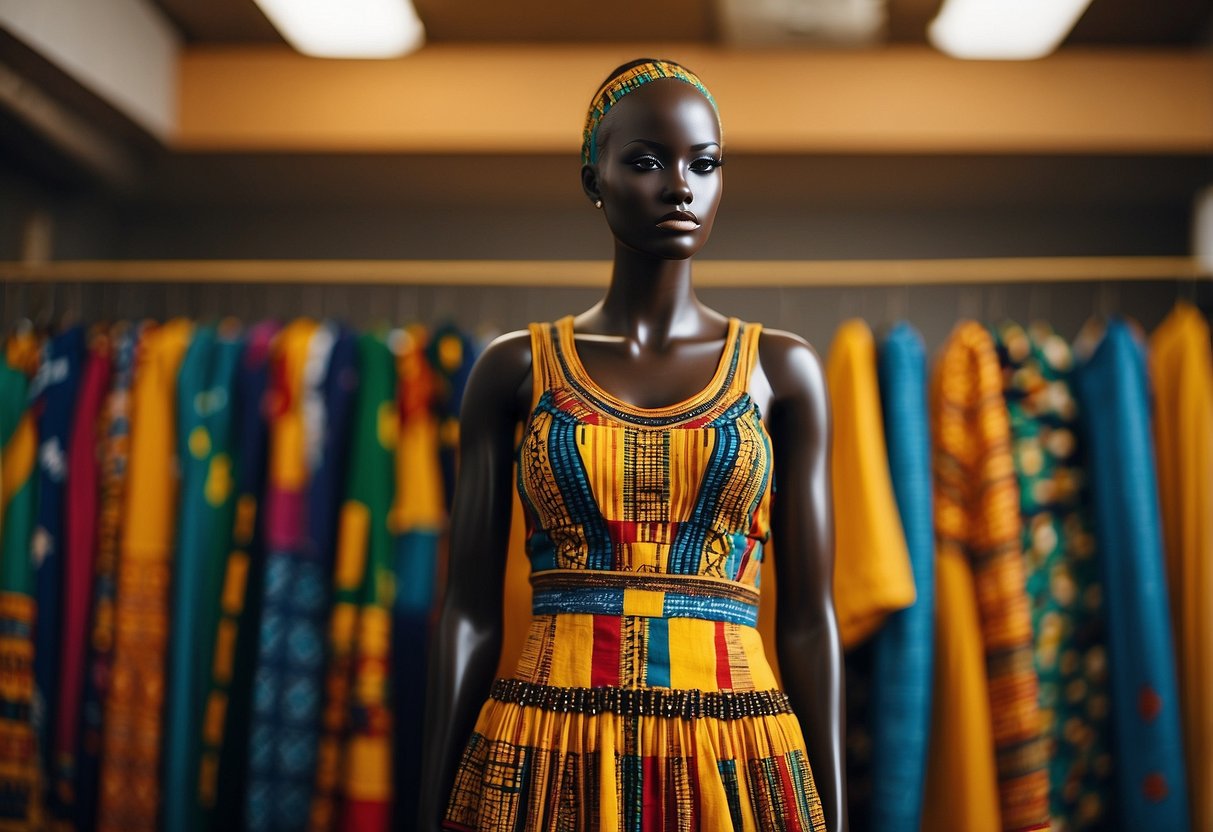 A vibrant Kente gown hangs on a mannequin, surrounded by colorful fabric swatches and traditional African accessories