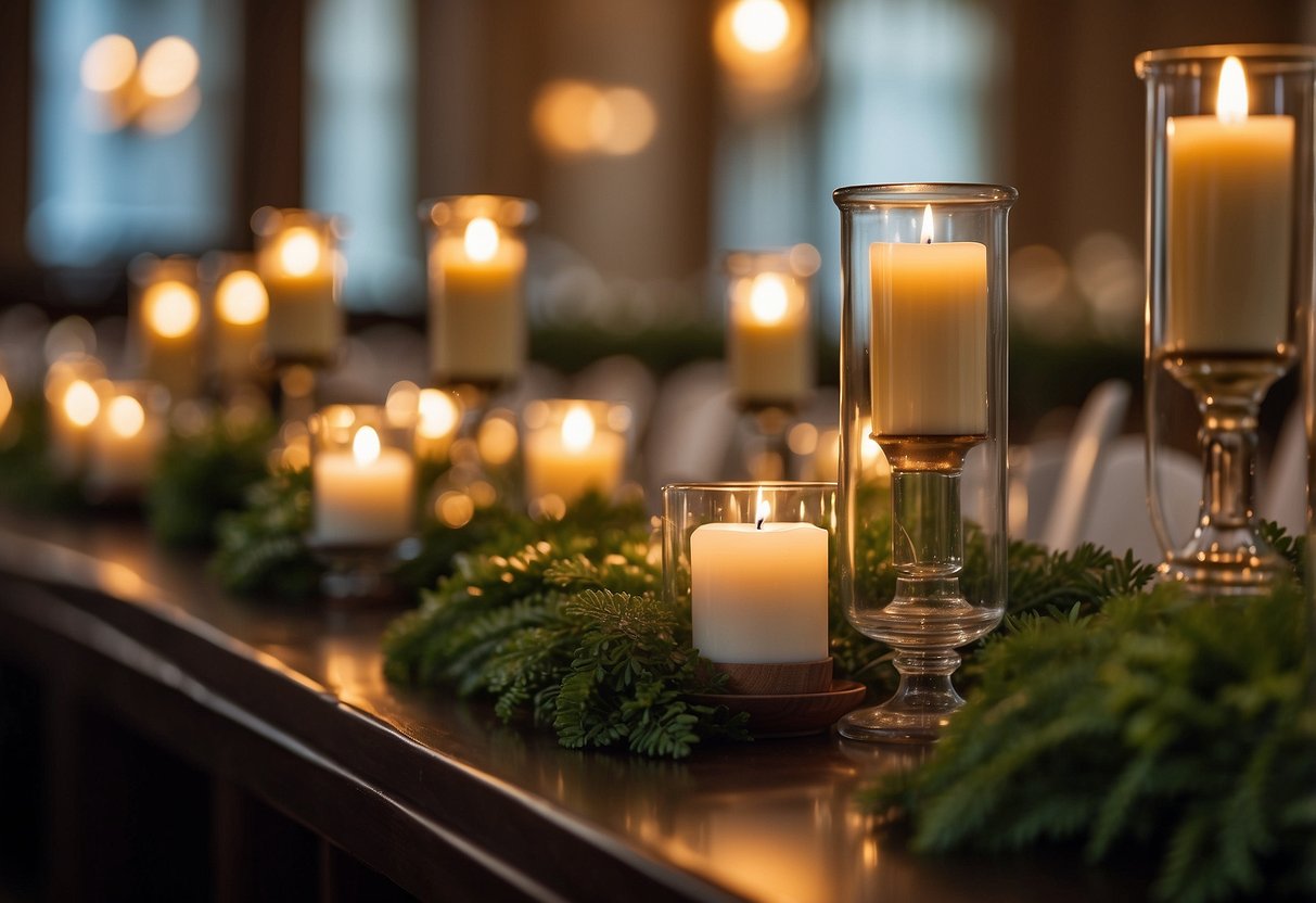 Candles arranged in glass holders along a wedding aisle, with signs displaying safety tips nearby