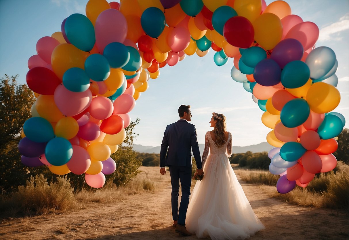 Guests releasing colorful balloons into the sky, forming a beautiful arch as the newlyweds walk underneath, symbolizing their journey ahead