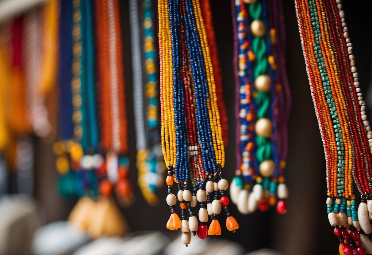 A Maasai beaded necklace hangs on a display stand, vibrant colors and intricate patterns catching the light. It is a beautiful accessory for an African wedding guest outfit