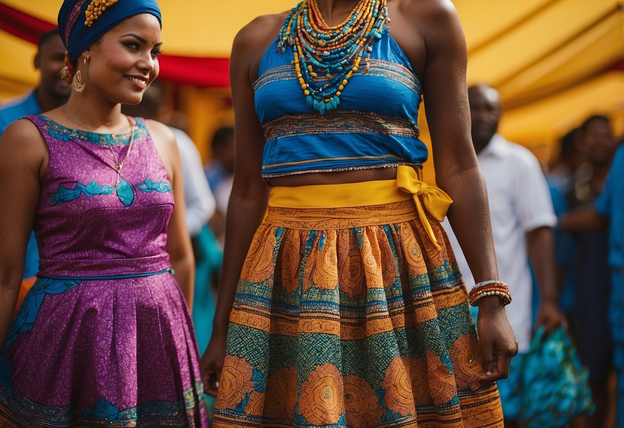 A colorful Shweshwe skirt paired with a matching headwrap, worn by a wedding guest. Vibrant patterns and bold colors create a festive and celebratory atmosphere