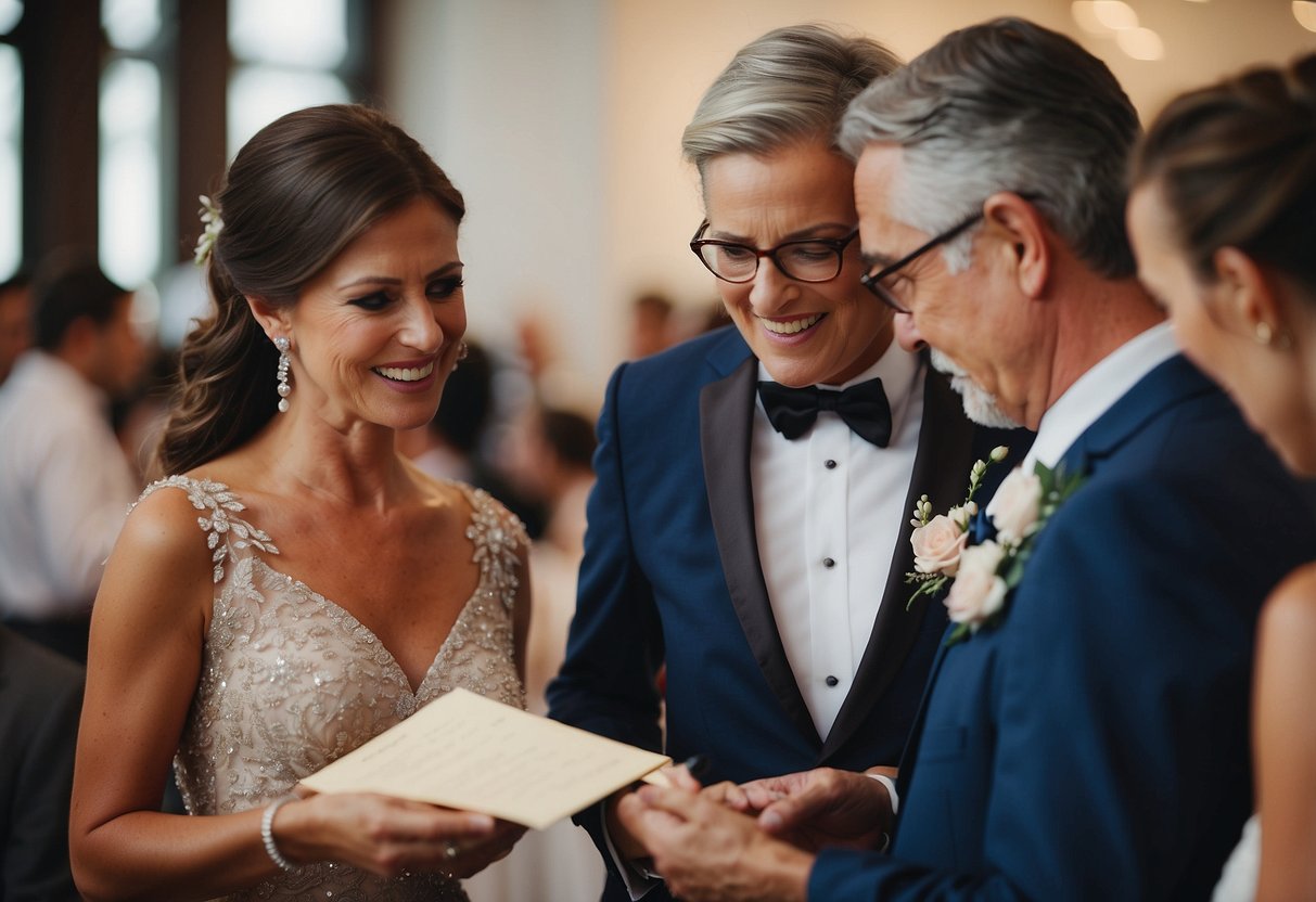 Parents of the bride review guest list, checking off names and making final arrangements