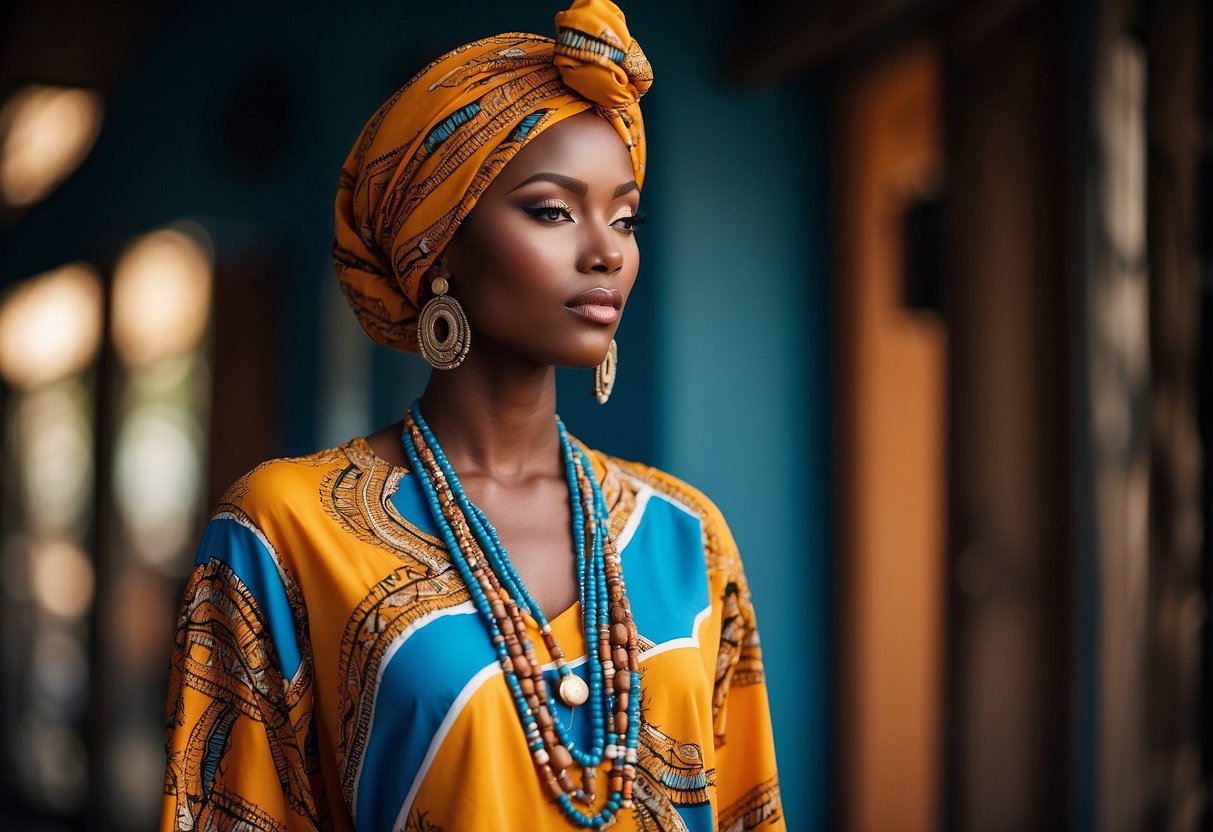 A mannequin wears a vibrant Bogolan print shirt paired with tailored pants, accessorized with a beaded necklace and a traditional headwrap