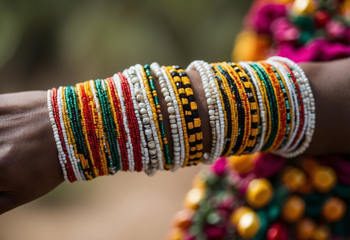 A Zulu beaded bracelet adorns a traditional African wedding guest's outfit