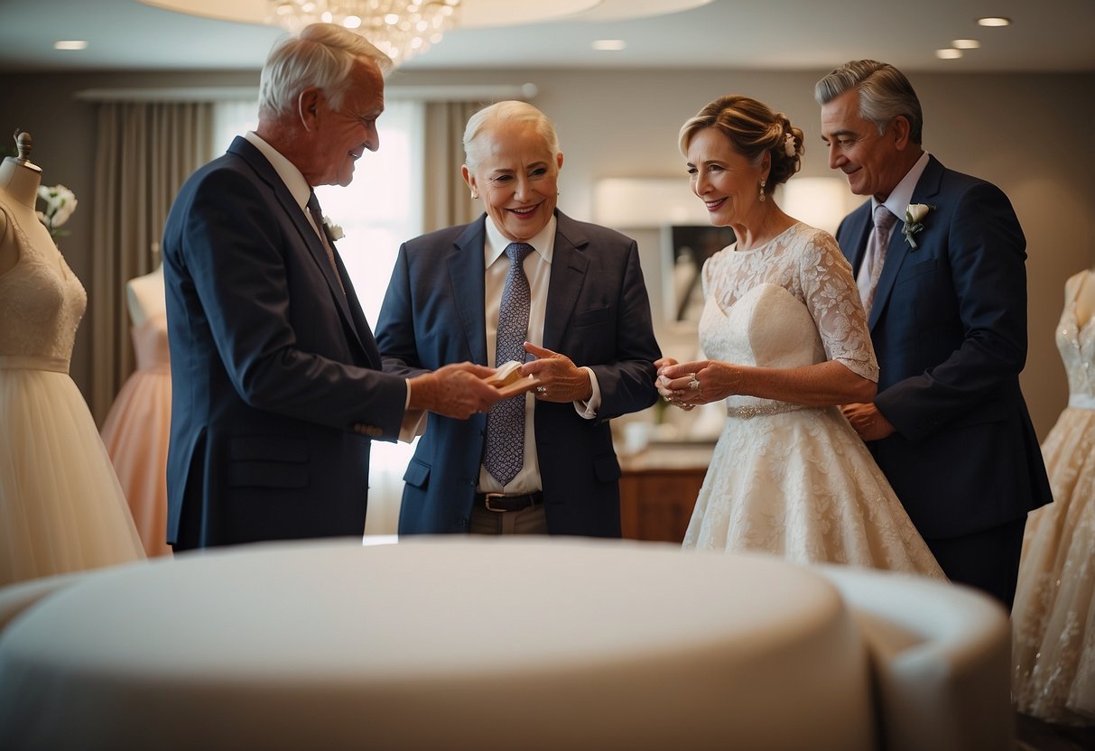 The parents of the bride assist in selecting her wedding dress, offering guidance and support during the decision-making process