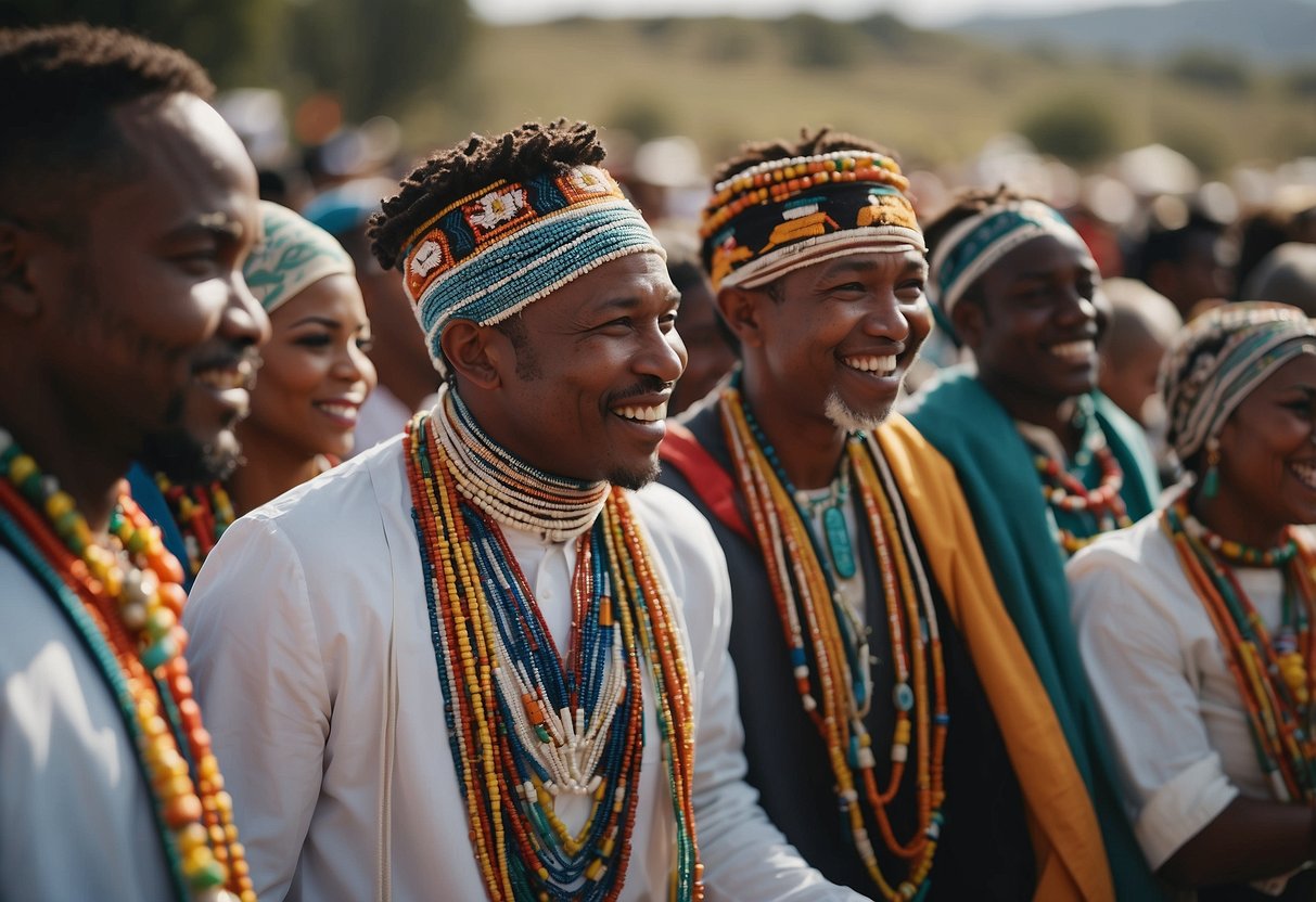 A group of Xhosa wedding guests in colorful traditional attire, adorned with beads and intricate patterns, dancing and celebrating with joy