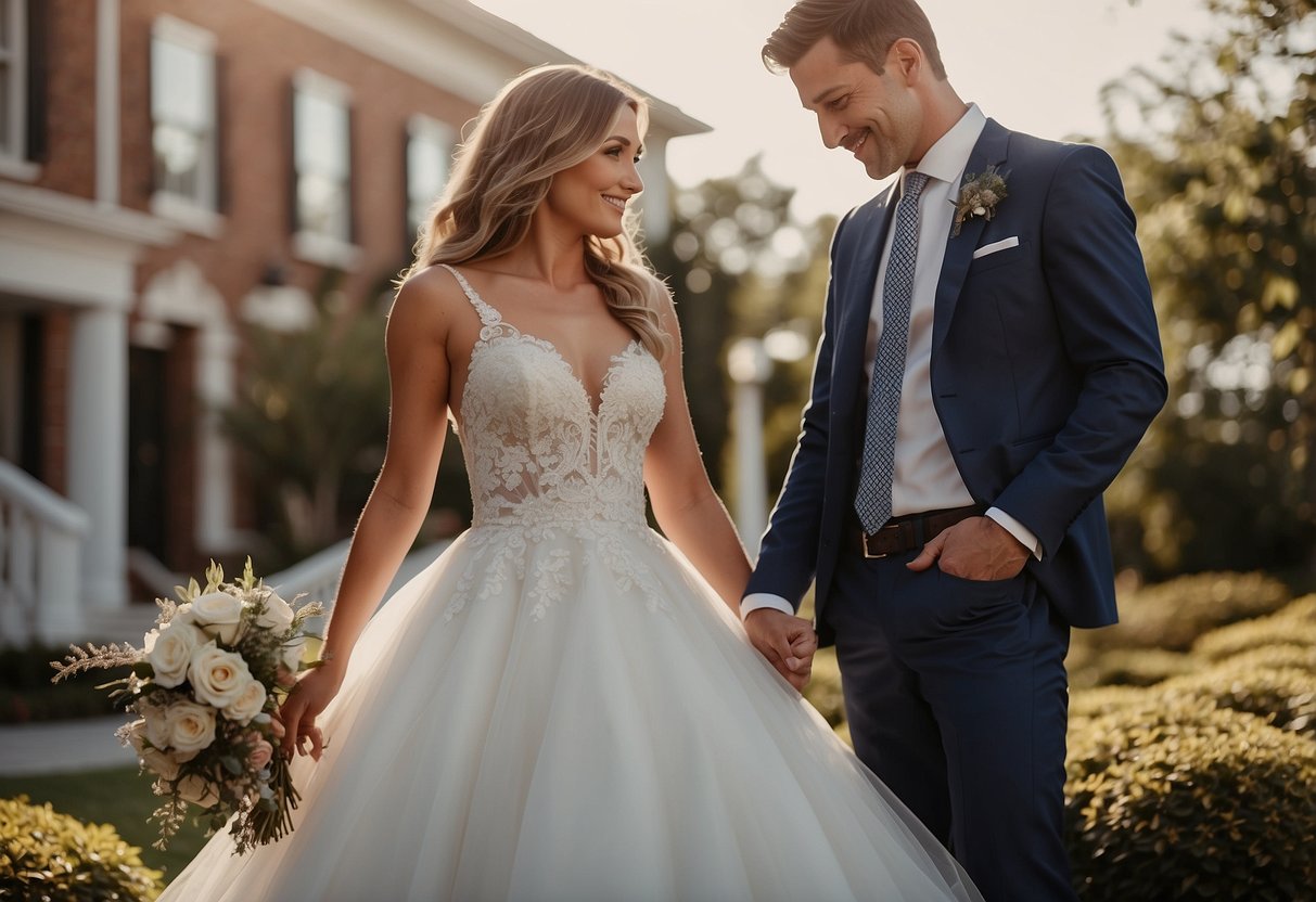 A couple lays out coordinating family outfits for the bride's parents