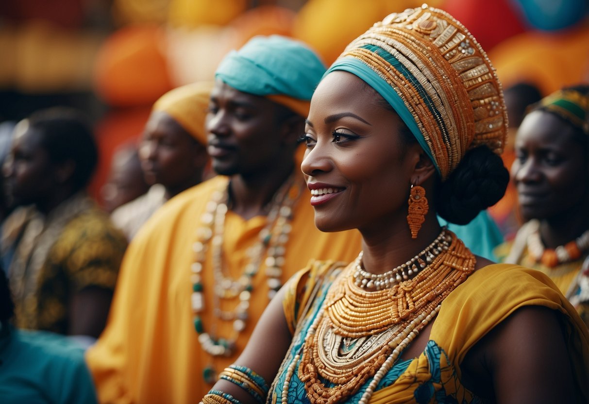 A traditional African wedding scene with vibrant fabrics, intricate beadwork, and ornate headpieces. Rich colors and textures create a festive atmosphere