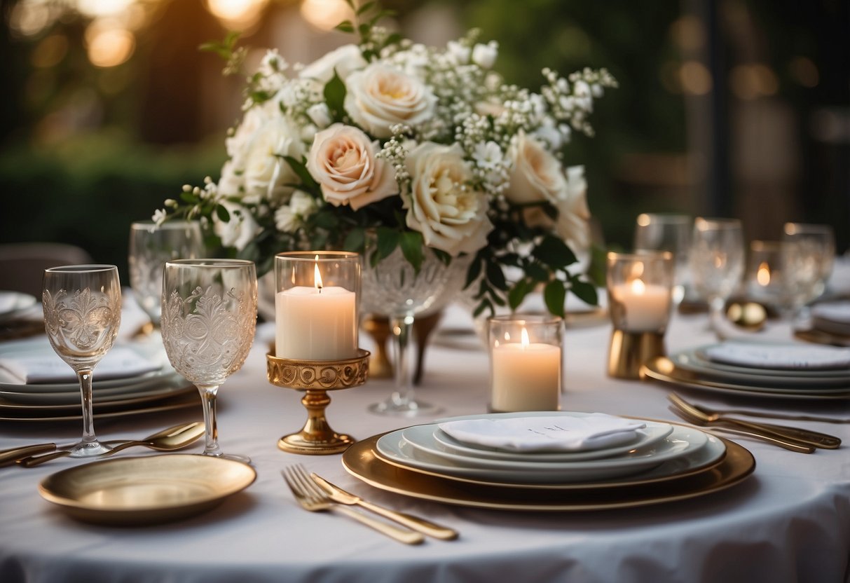 A table set with elegant floral centerpieces and place settings, with soft lighting and decorative accents