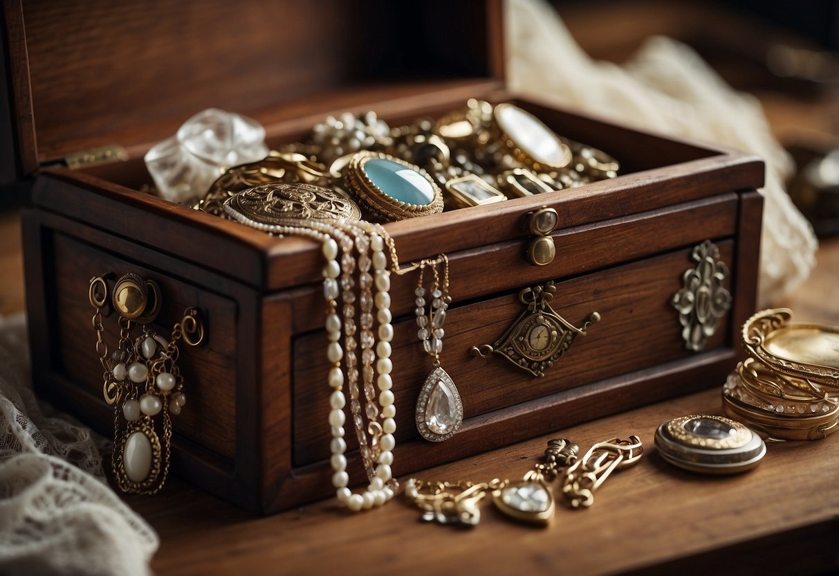 A wooden chest filled with antique jewelry, silverware, and delicate lace handkerchiefs