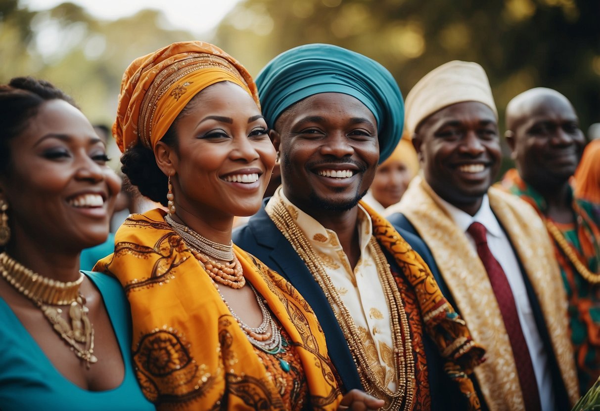 A group of African wedding guests wearing traditional attire, with vibrant colors and intricate patterns, mingling and enjoying the festivities with respect and cultural sensitivity