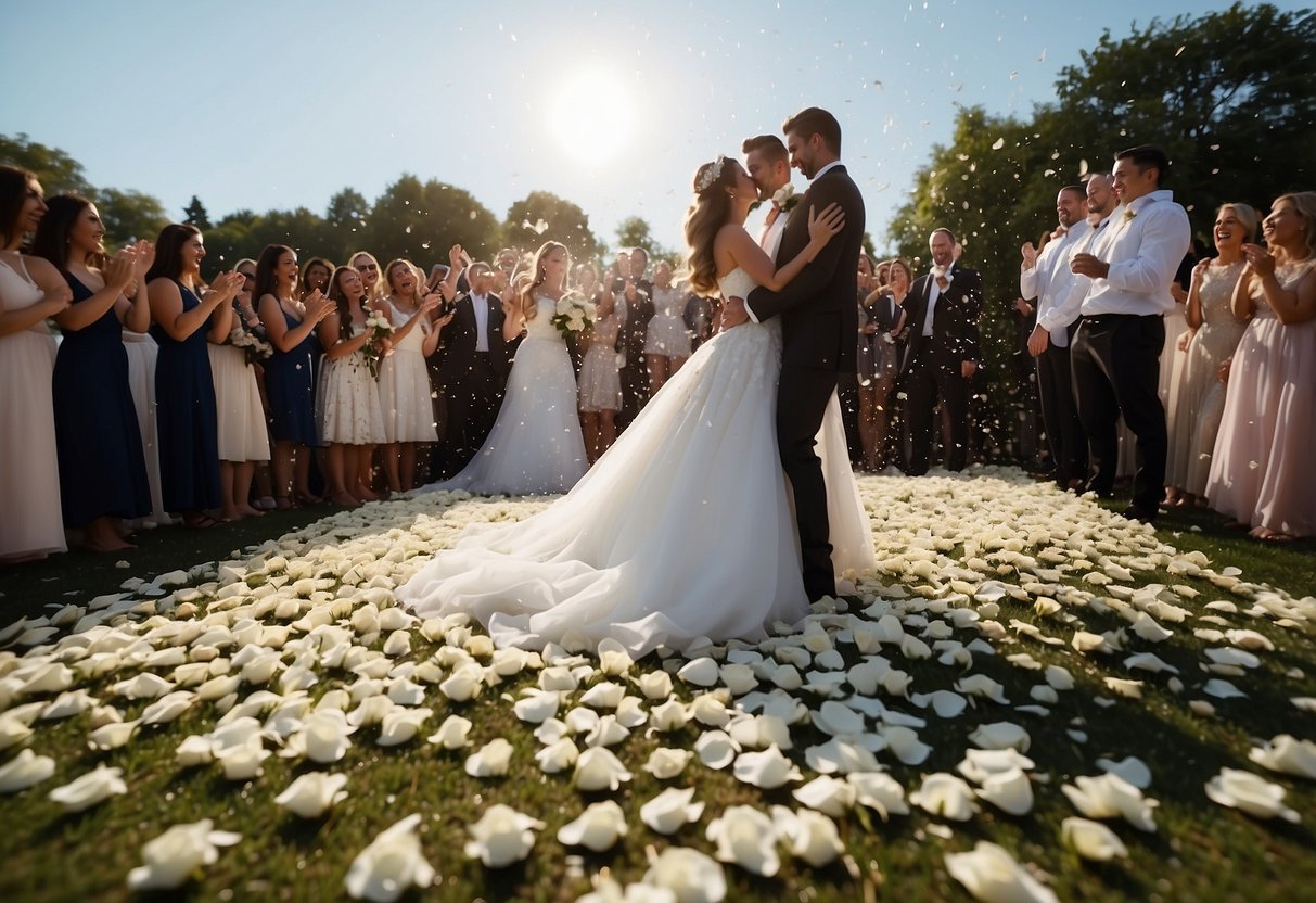 A flutter of white rose petals cascading down from the sky, creating a soft and romantic send-off for the newlyweds