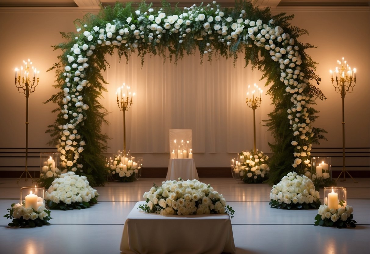 A floral arch frames the altar, adorned with cascading greenery and white roses. Soft candlelight illuminates the space, creating a romantic ambiance