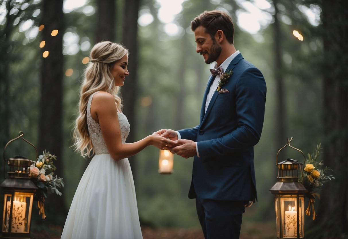 A couple exchanging vows in a forest clearing with lanterns hanging from the trees and a bohemian-style rug as the altar