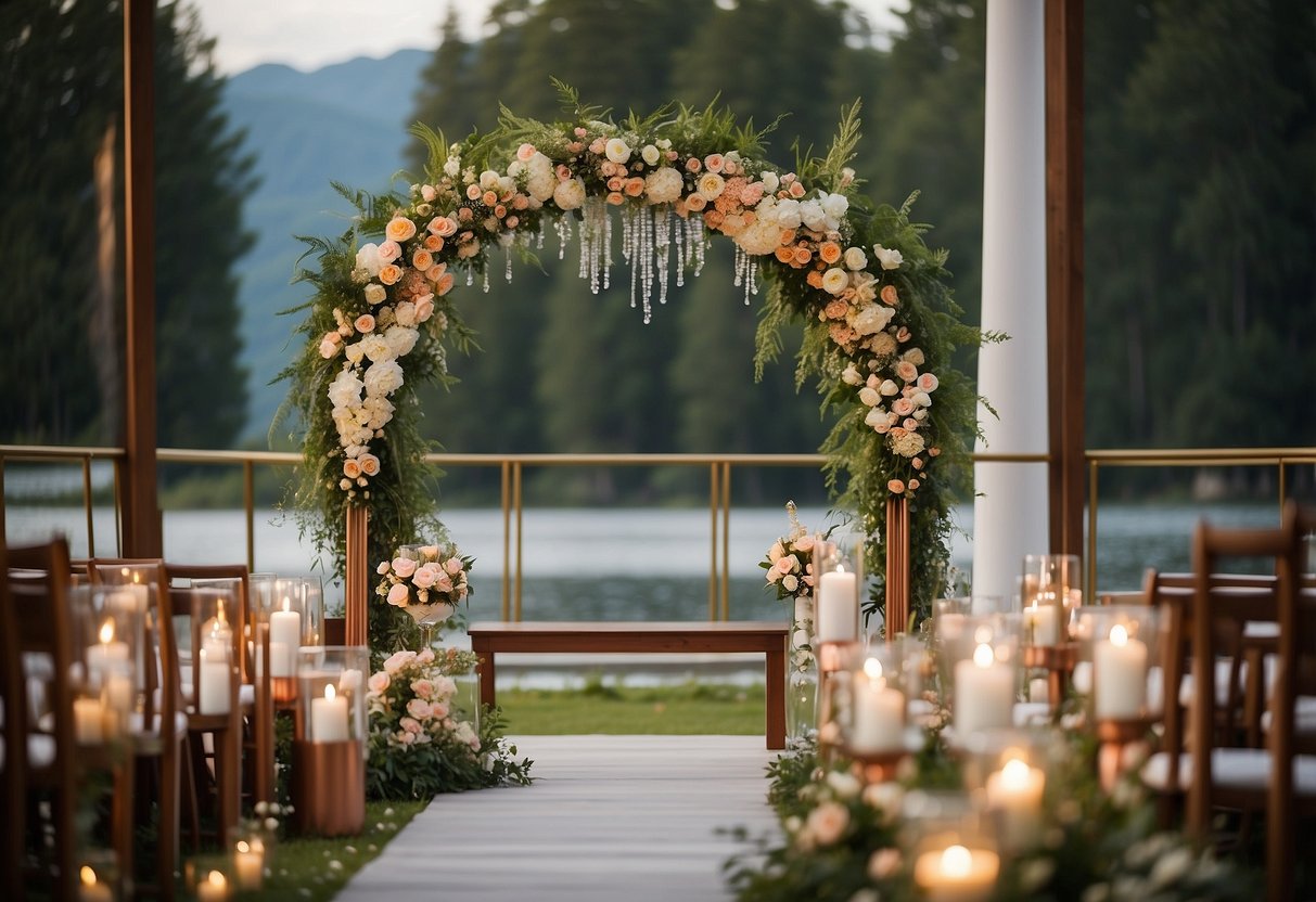 A geometric copper frame stands as a wedding altar, adorned with greenery and flowers, creating a modern and elegant backdrop for the ceremony