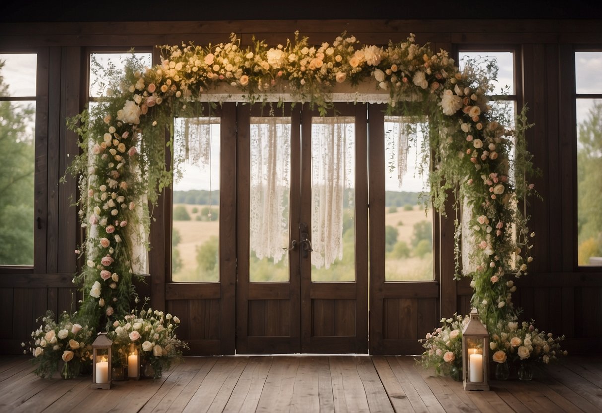 A weathered wooden door frame with lace curtains, adorned with wildflowers and twinkling lights, creates a romantic vintage wedding altar