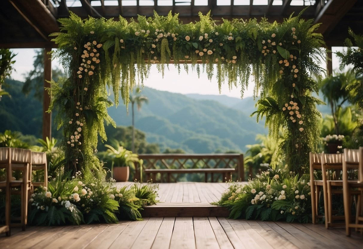 Lush greenery adorns a wooden wedding altar, with cascading vines and fresh foliage creating a natural and elegant backdrop