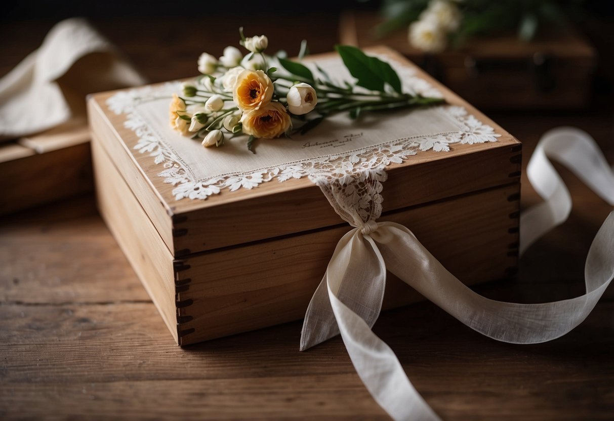 A vintage wooden box filled with pressed flowers, a lace handkerchief, and a ribbon from a wedding invitation