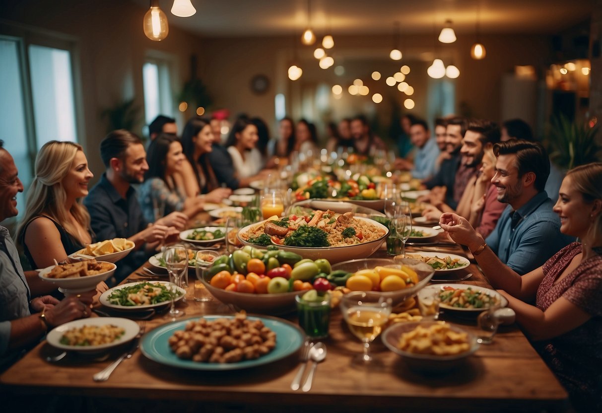 A festive potluck dinner party with a mix of cuisines, colorful decorations, and a lively atmosphere