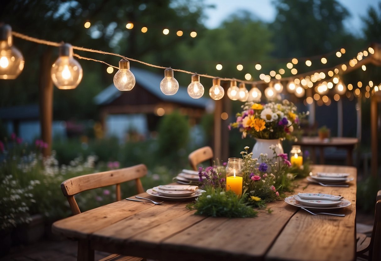 A colorful backyard garden with string lights, a rustic wooden dance floor, and a long table adorned with wildflowers and mismatched vintage china