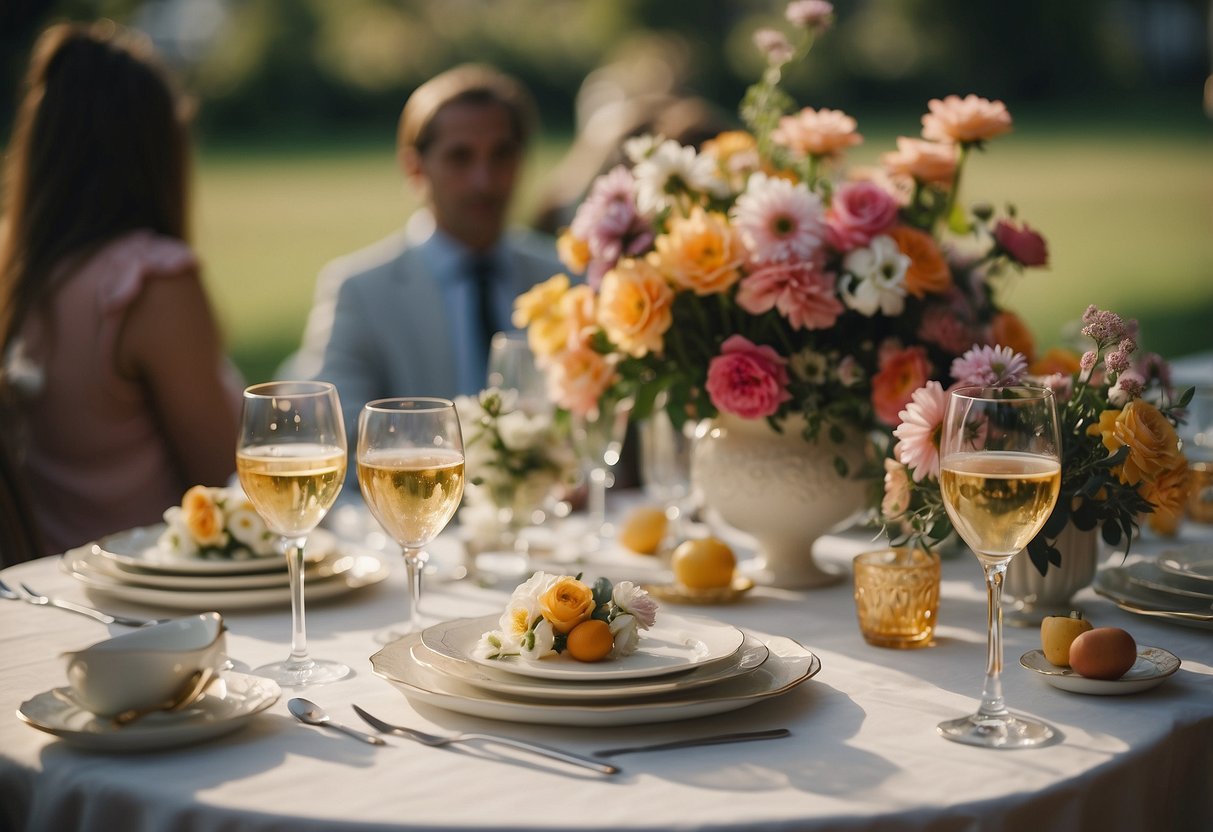 A table adorned with colorful flowers and mismatched vintage china, surrounded by guests raising their glasses in a toast