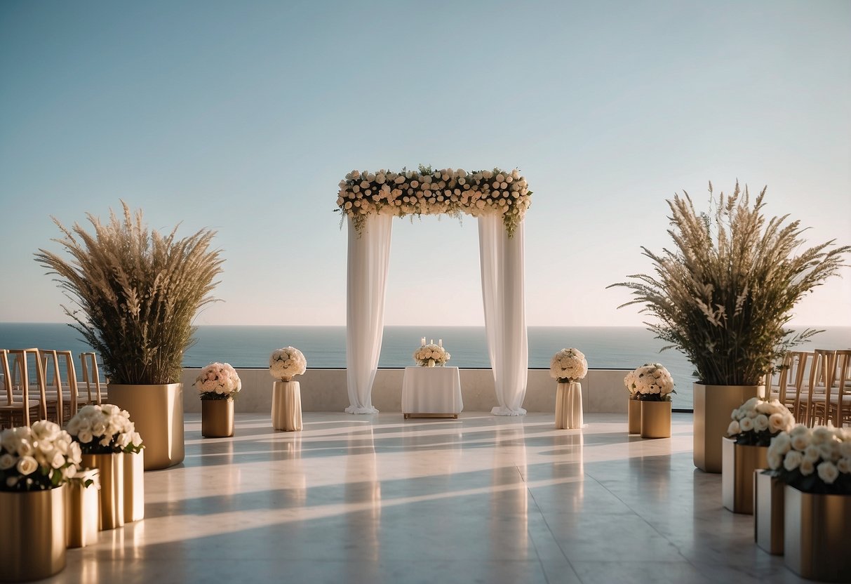 A sleek, minimalist wedding altar with geometric shapes and metallic accents, bathed in soft, natural light