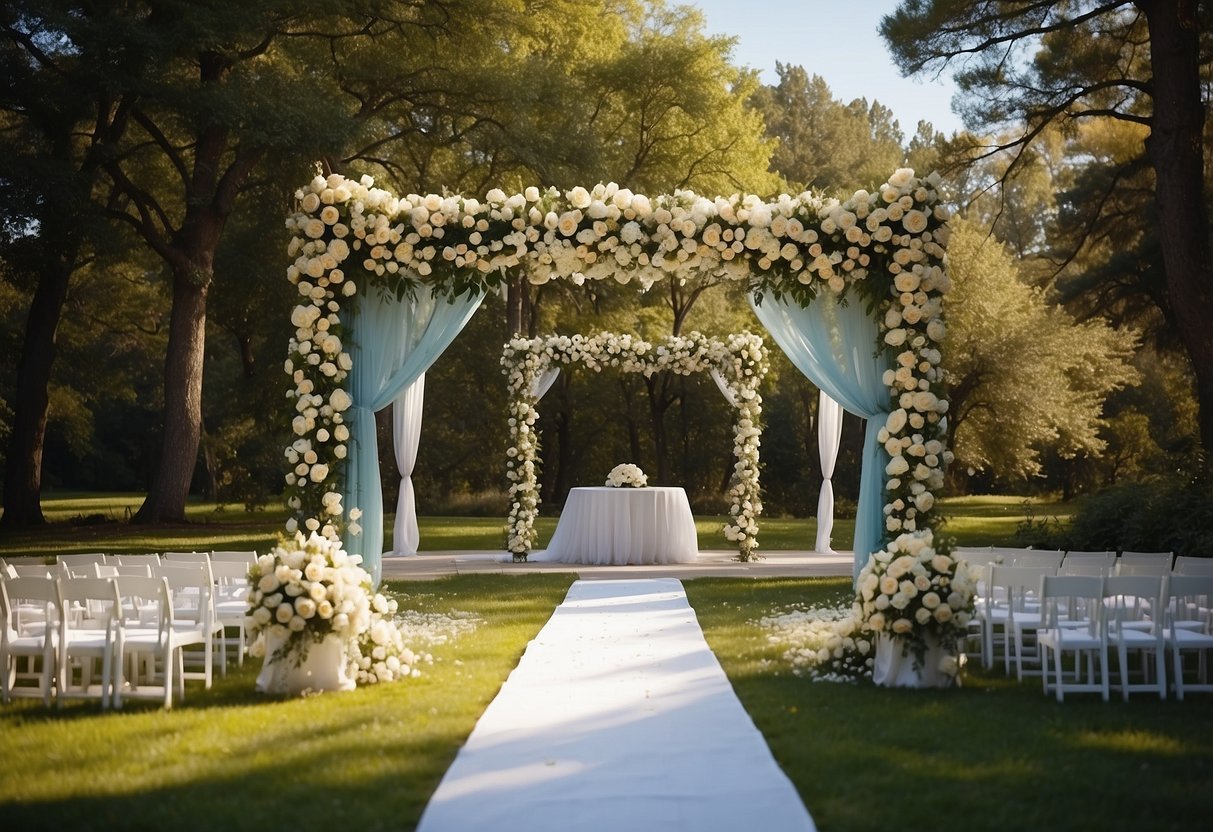 A lush garden wedding altar adorned with blooming flowers, draped fabric, and twinkling lights, set against a backdrop of towering trees and a clear blue sky